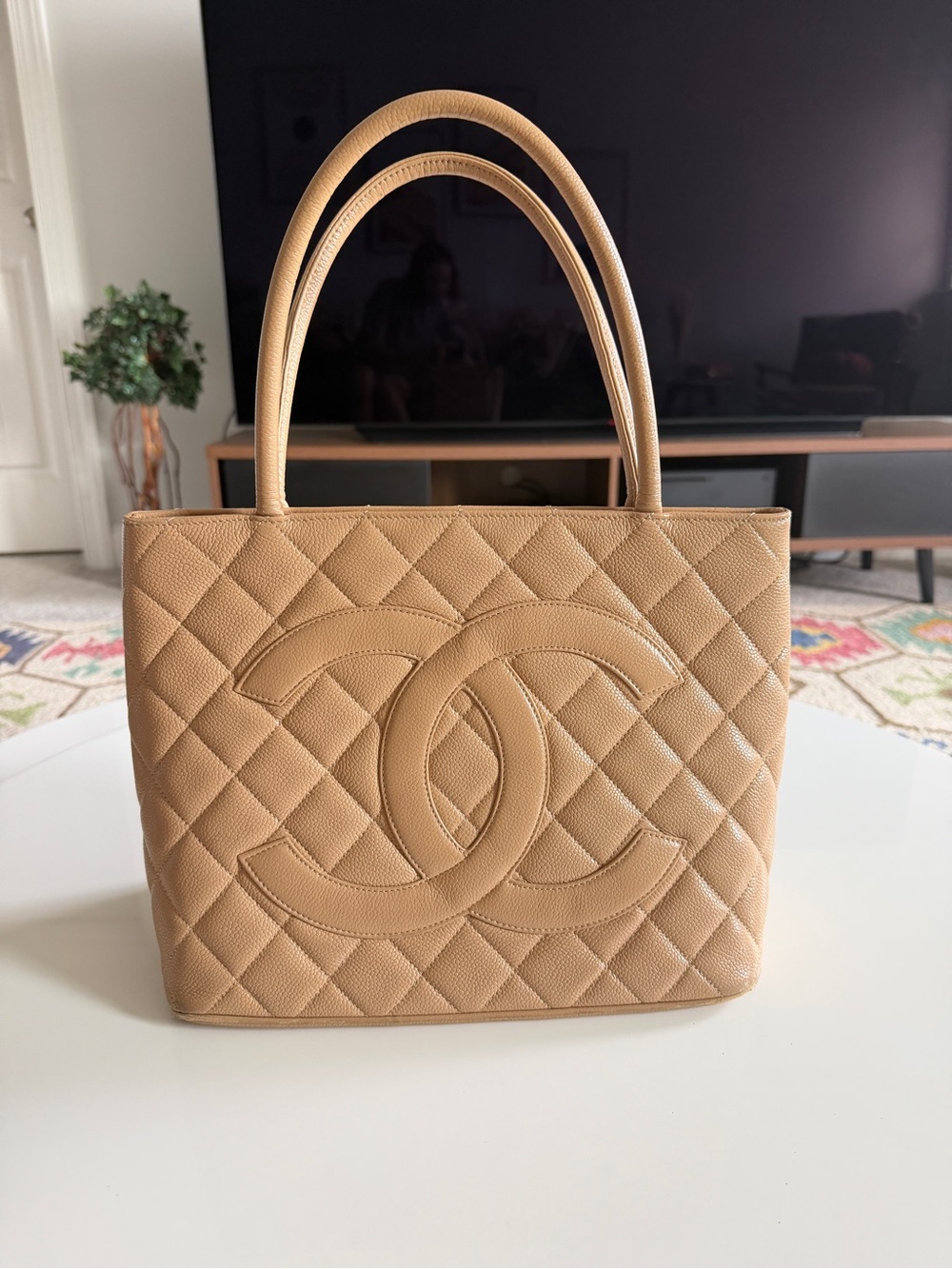 Chanel Vintage 2003-04 Caviar Medallion Tote Beige CC Bag